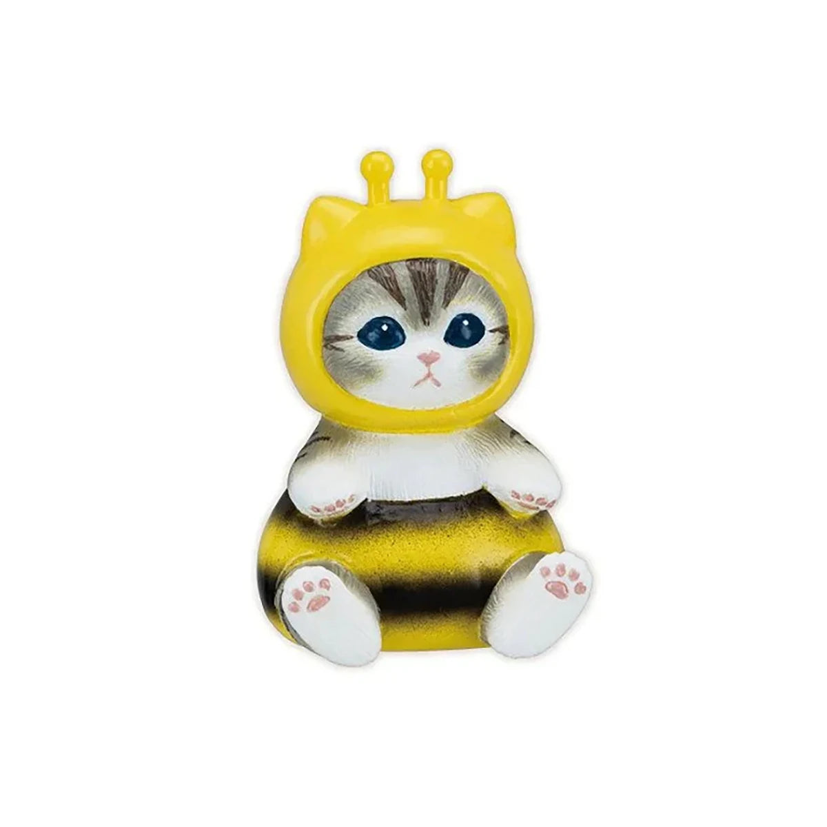 A plush toy cat dressed in a yellow bee costume with small wings sits upright against a white background, evoking the delightful charm of the Mofusand Mini Figure Blind Box - Vol 3 (Pink) collection by Mofusand.