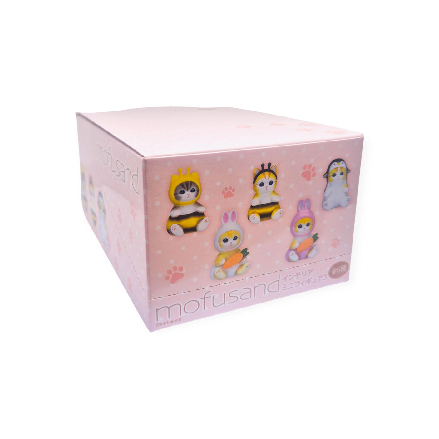 The Mofusand Mini Figure Blind Box - Vol 3 (Pink) features charming cat mini figures dressed in a variety of animal costumes, such as a bee, penguin, and giraffe, set against a pink paw-print backdrop.