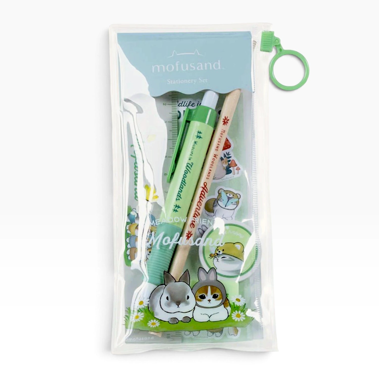 Woodlands stationery set in clear pouch with green pen, pencil, ruler, and stickers
