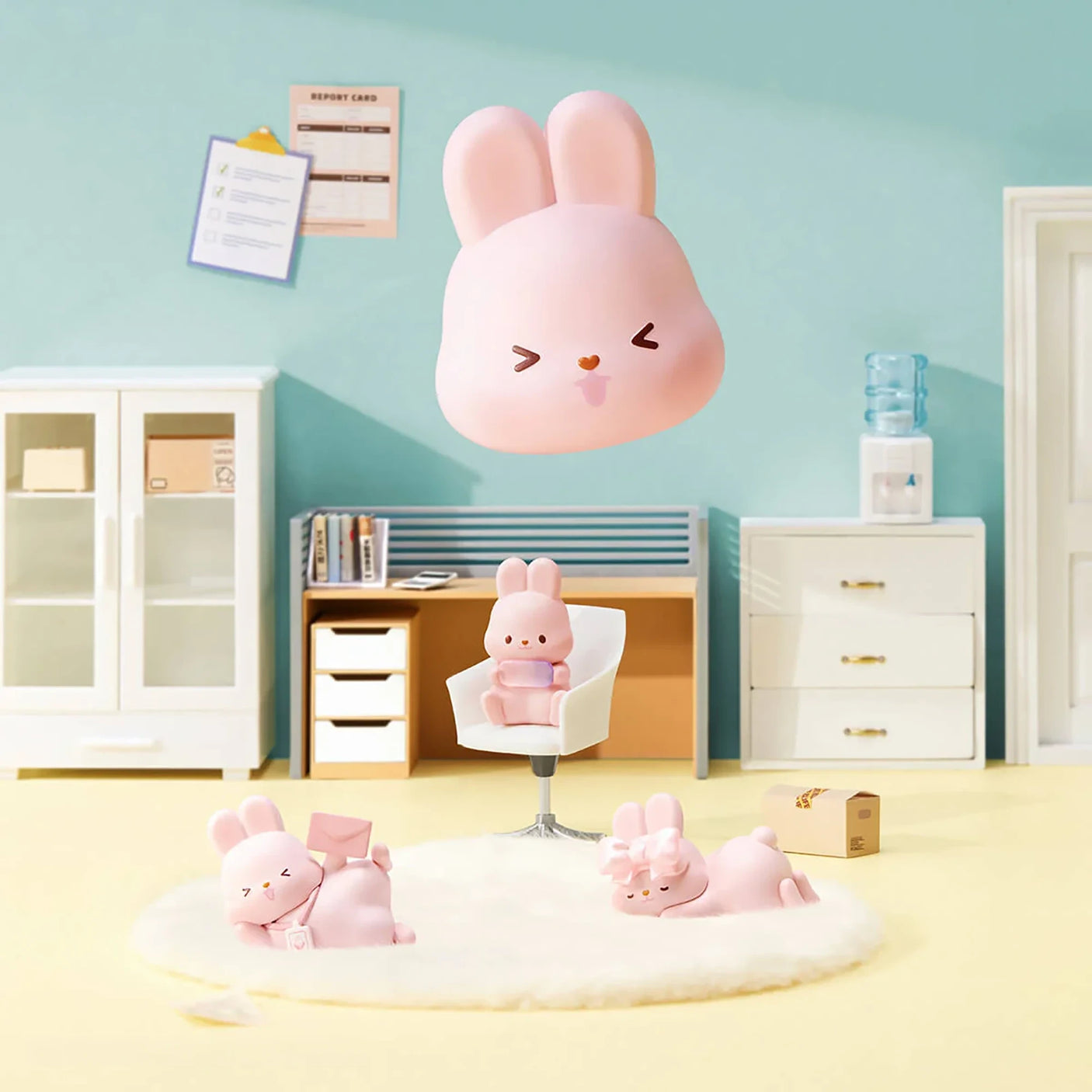 MOMO Bunny 24h Work Life Diary - Blind Box with pink bunny figures in playful poses in a miniature office setting