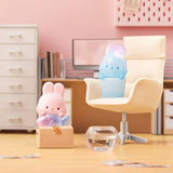 MOMO Bunny 24h Work Life Diary - Blind Box with two pastel bunny figures in office setting with chair and fishbowl