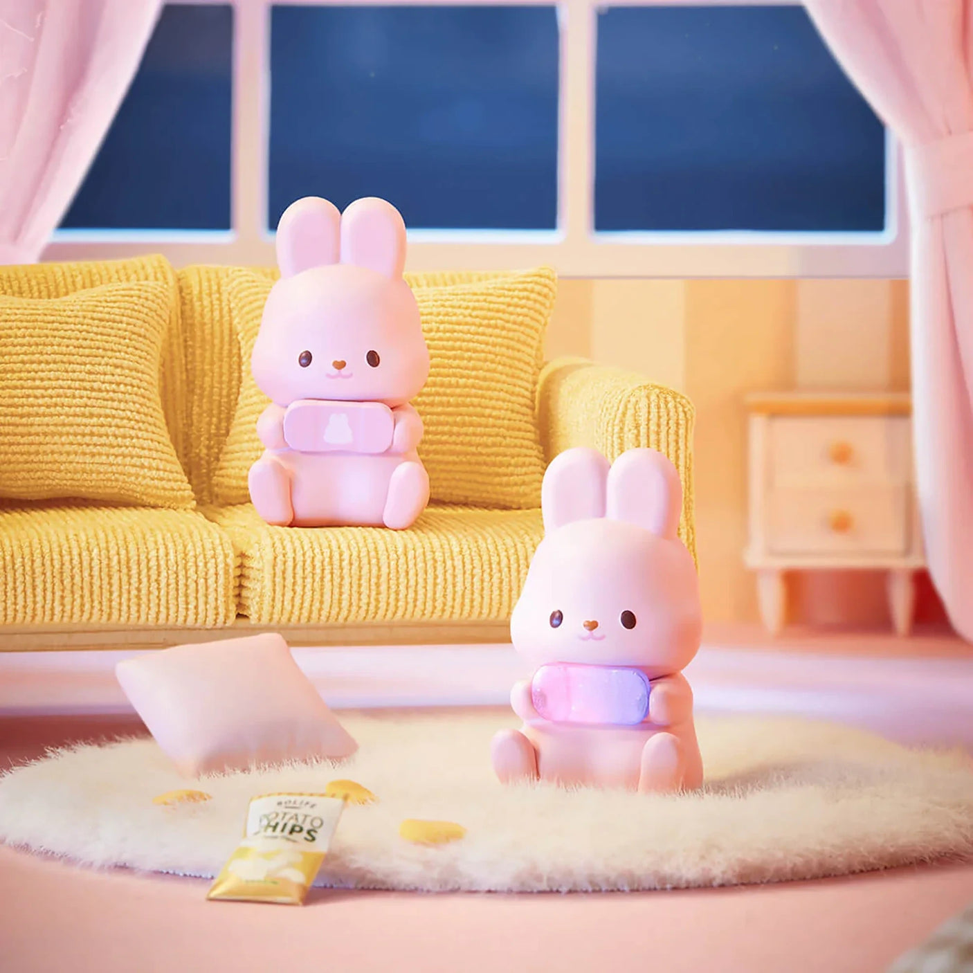 MOMO Bunny 24h Work Life Diary - Blind Box with two pastel pink bunnies holding pastel snacks in a cozy miniature room setting.