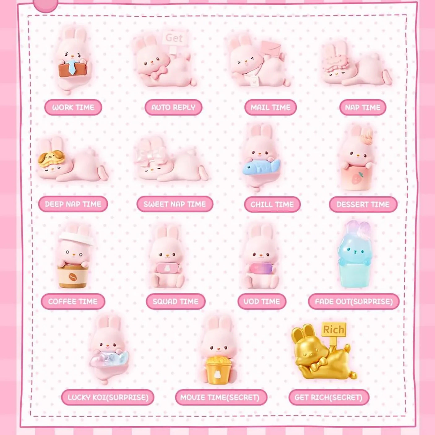 MOMO Bunny 24h Work Life Diary - Blind Box featuring pastel pink and gold bunny figures in various cute work and rest poses.