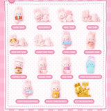 MOMO Bunny 24h Work Life Diary - Blind Box featuring pastel pink and gold bunny figures in various cute work and rest poses.