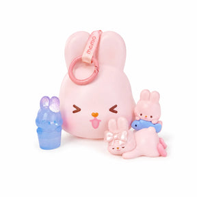 Pink bunny carrying case with key ring, heart face, and small seated bunny figure