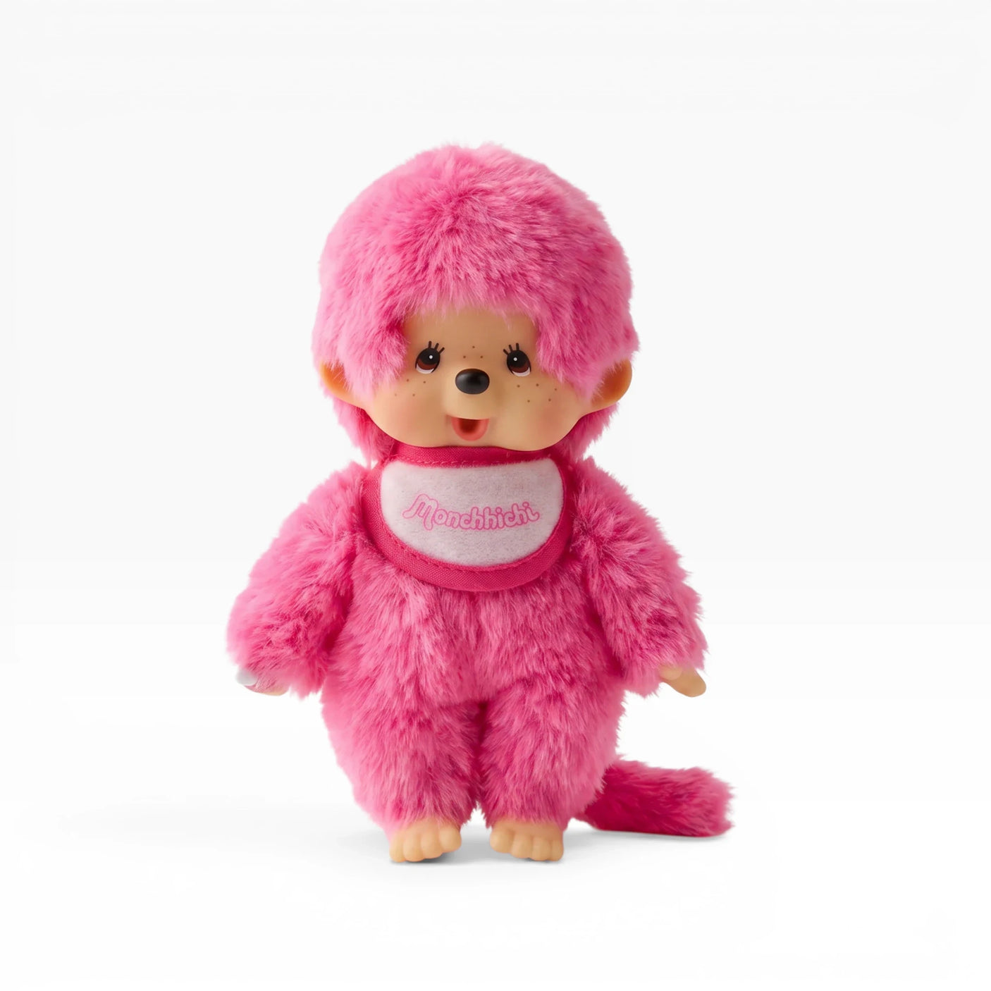 Monchhichi berry pink plush doll with hood and scarf, smiling face, standing