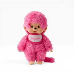 Monchhichi berry pink plush doll with hood and scarf, smiling face, standing