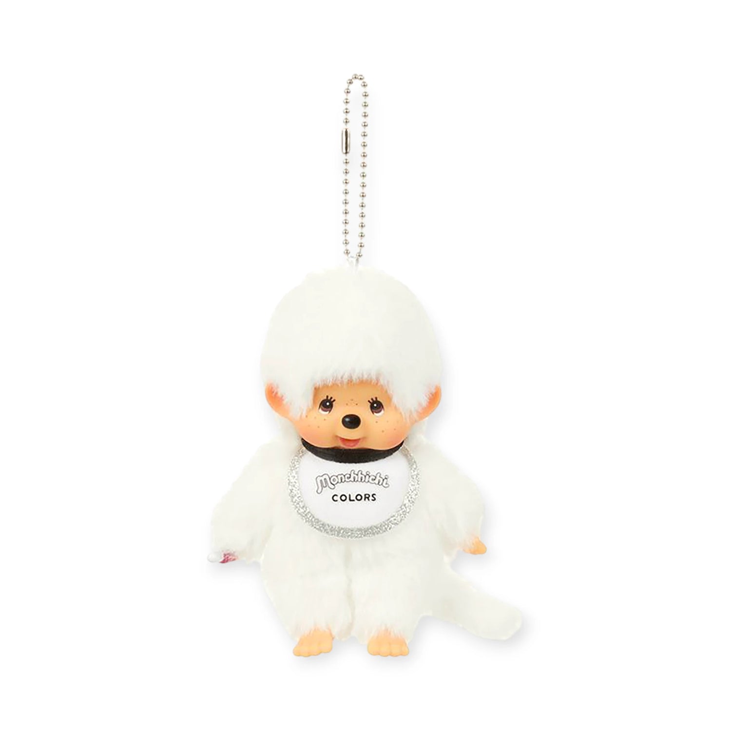The Monchhichi Colours Bag Charm - White by Monchhichi is an adorable plush keychain doll with a "Monchhichi COLORS" bib and silver ball chain—perfect as a cute bag charm or keychain gift.