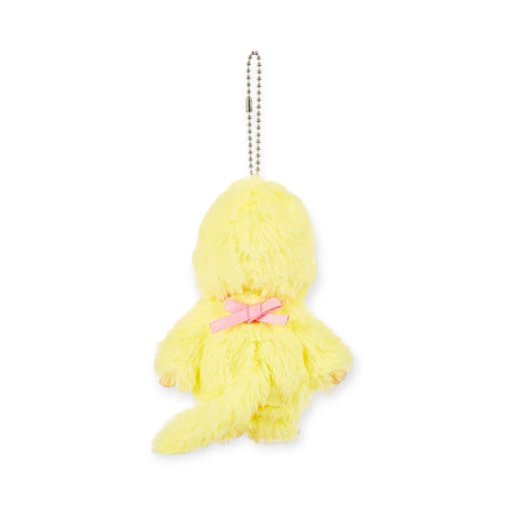 Yellow plush Monchhichi bag charm with pink ribbon and dangling bead chain