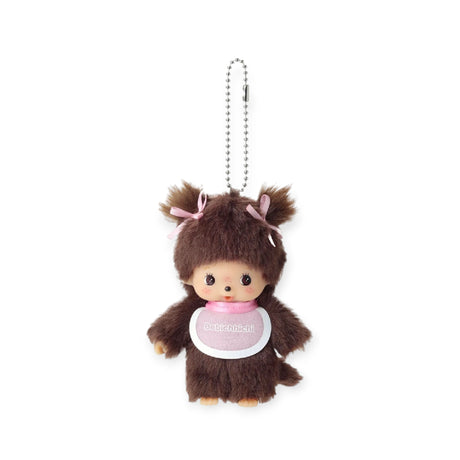 Brown plush bag charm keychain with pink details and silver ball chain, front view