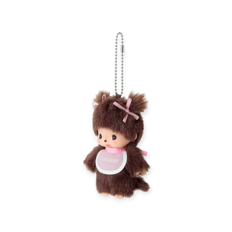 Brown plush bag charm keychain with pink bow and silver ball chain, angled view