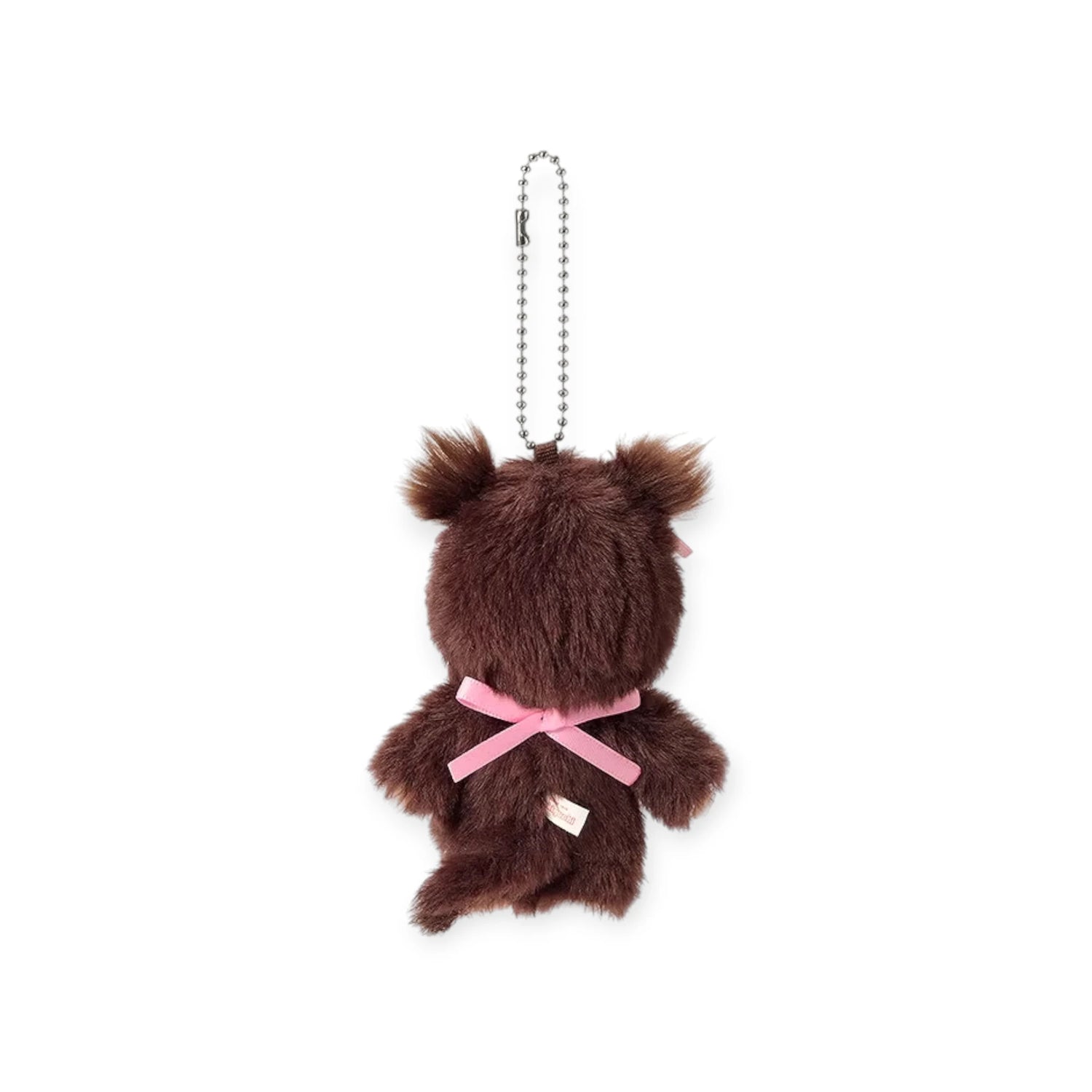 Brown plush bag charm keychain with pink ribbon on back and silver ball chain