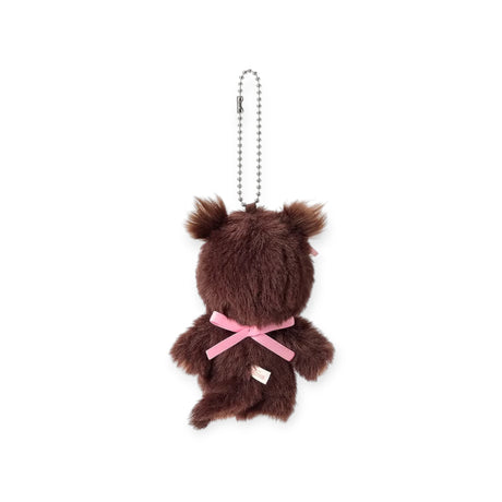 Brown plush bag charm keychain with pink ribbon on back and silver ball chain