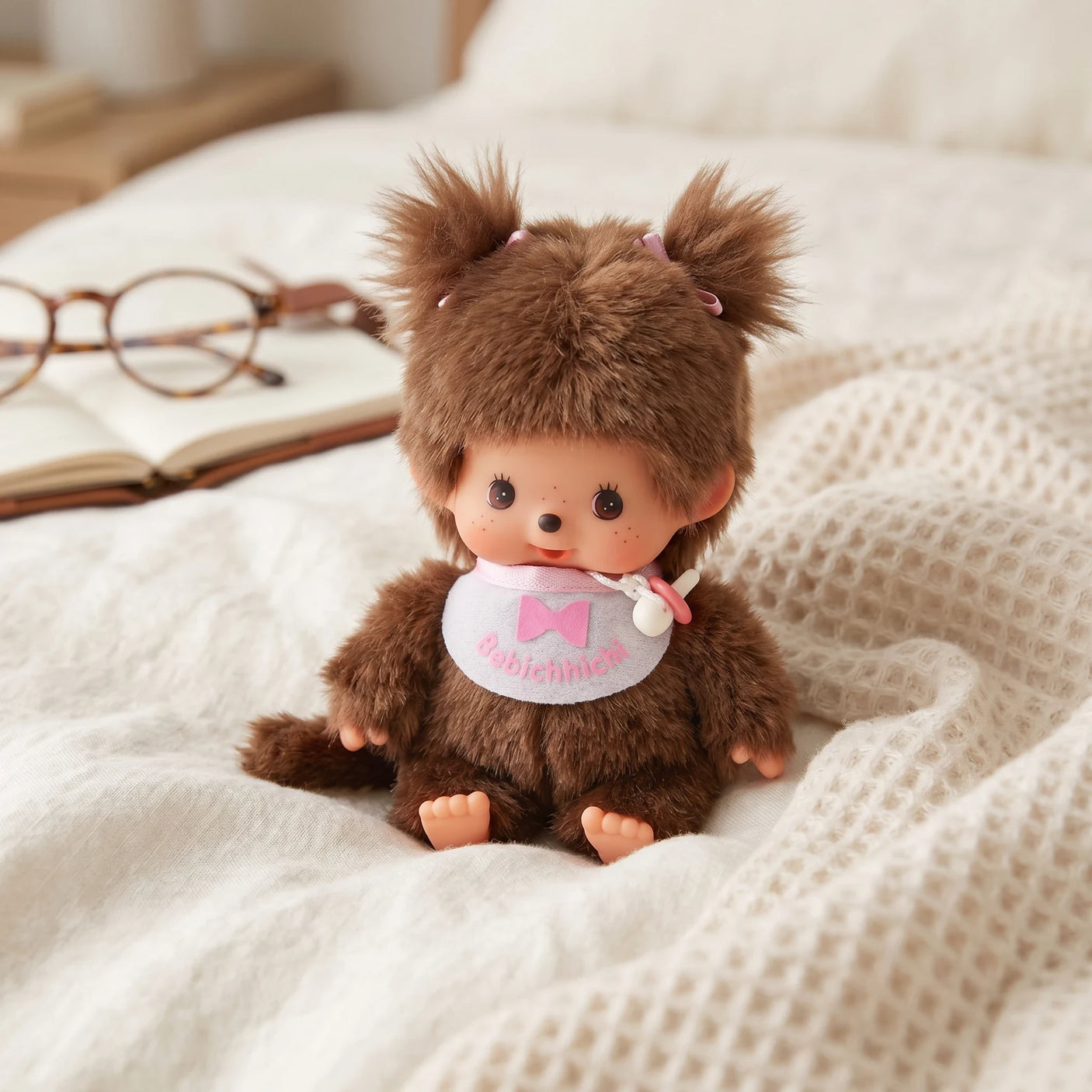 Brown plush baby doll with fluffy hood ears and white bib with pink bow