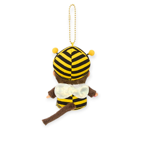Monchhichi plush bee bag charm with yellow-and-black striped suit, white wings, and gold chain