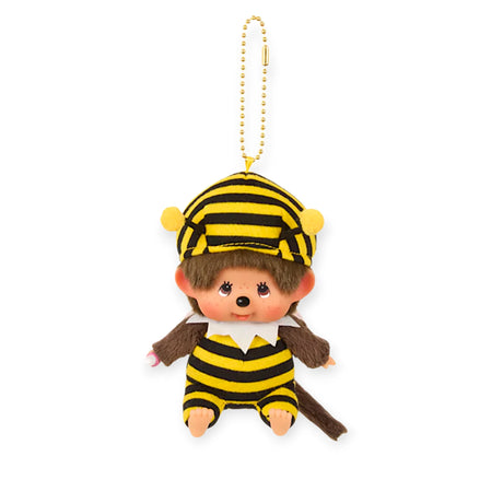 Monchhichi plush bee bag charm: yellow-and-black striped costume with hat and gold bead chain