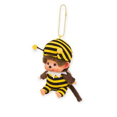 Monchhichi plush bee bag charm in yellow-and-black stripes with gold bead chain, side view
