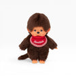 Monchhichi twin boy plush doll, dark brown fur, red plaid bib, orange feet