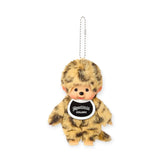 Leopard-pattern plush bag charm with beaded chain and “Monchhichi COLORS” badge