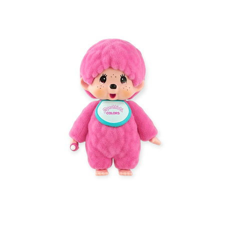 Monchhichi flocked figure with pink hood and teal chest badge