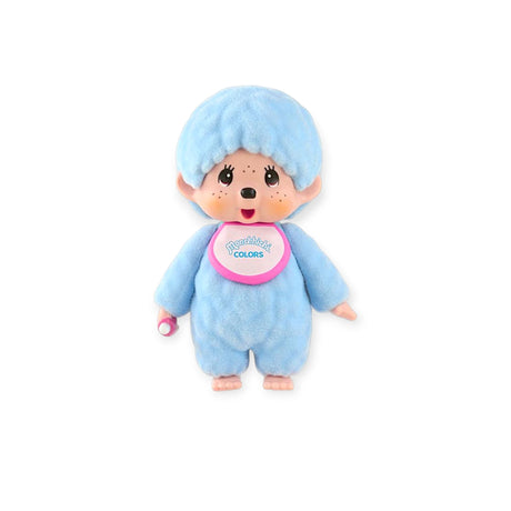 Monchhichi flocked figure with light blue hood and teal chest badge
