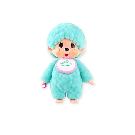 Monchhichi flocked figure with mint hood and pink-and-teal chest badge