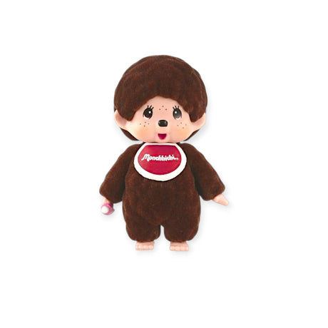 Monchhichi flocked figure with brown hood and white-and-red chest badge