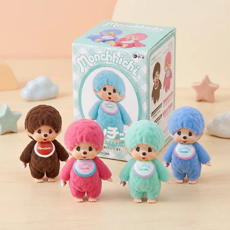 Monchhichi flocked blind box packaging with five colored figures on display
