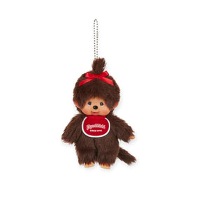 Monchhichi Girl bag charm with soft brown fur and red bow on top hanging from silver ball chain keychain
