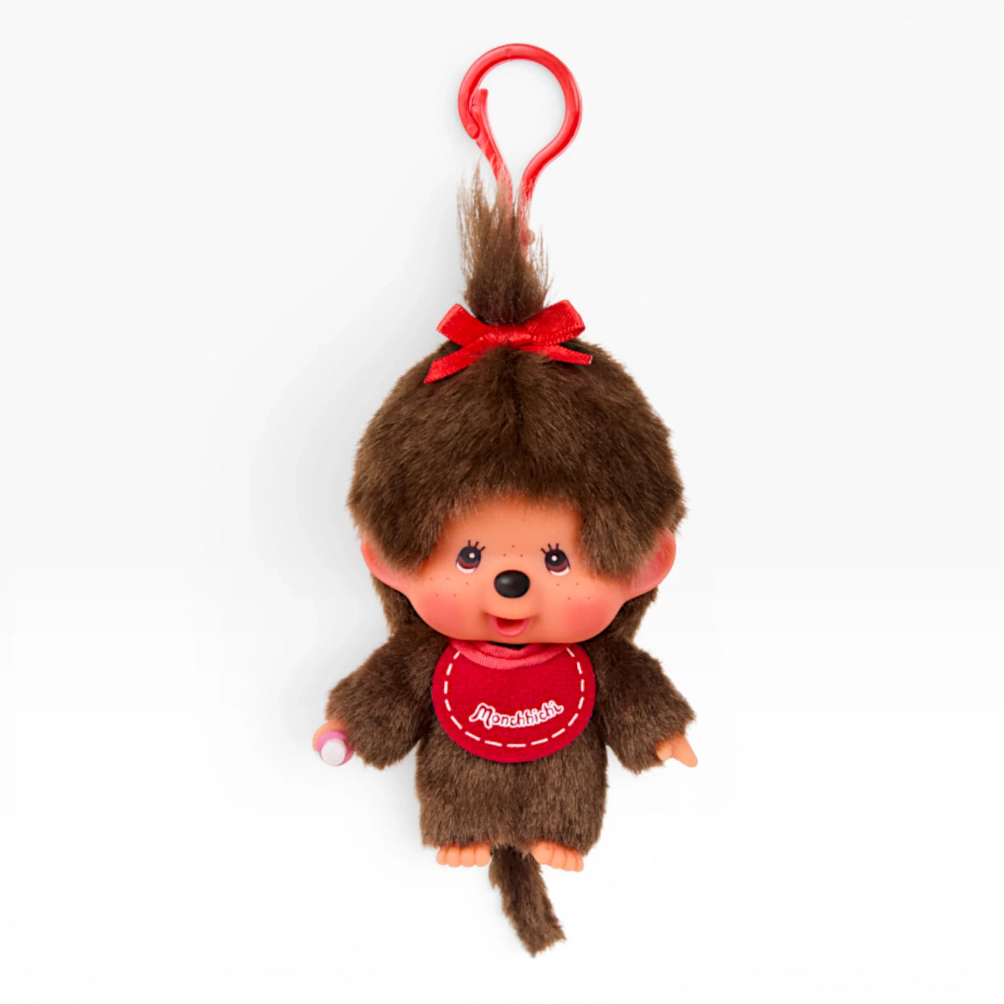 Brown plush bag charm with red ribbon and loop keyring, cartoon girl face