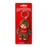 Monchhichi boy plush keychain with metal ring and brown outfit