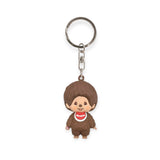 Monchhichi mini figure keychain boy, brown plush character front with red-and-white outfit