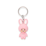 Pink bunny mini figure keychain with smiling face and plaid outfit