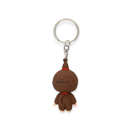 Monchhichi mini figure keychain girl, brown plush figure back with orange ribbon