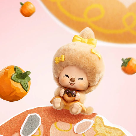 Fuzzy beige Monchhichi pendant figure with yellow bow on an orange stand