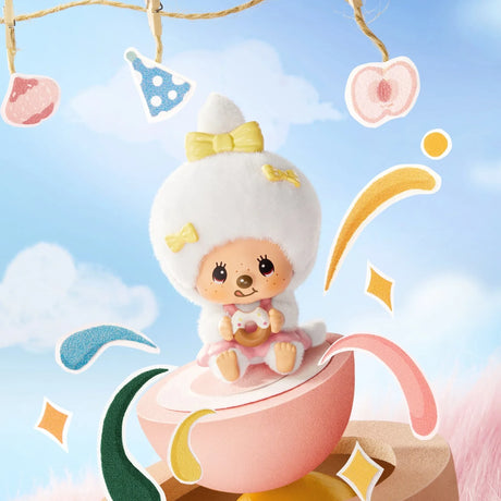 White chef-hat Monchhichi pendant figure in pastel outfit on hanging tags