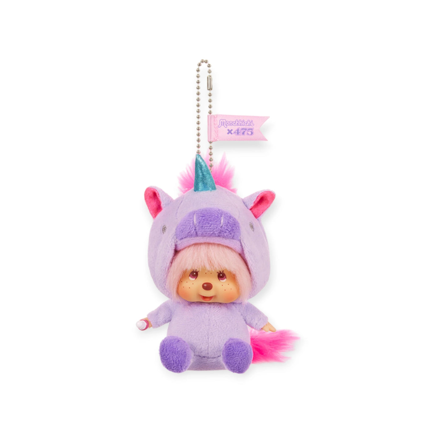 The limited-edition Monchhichi x 475 Harajuku Shinako Unicorn Keychain showcases a plush doll in a whimsical purple unicorn outfit with a pink mane and horn, attached to a durable metal chain—ideal for fans of ASMR creator Shinako!.