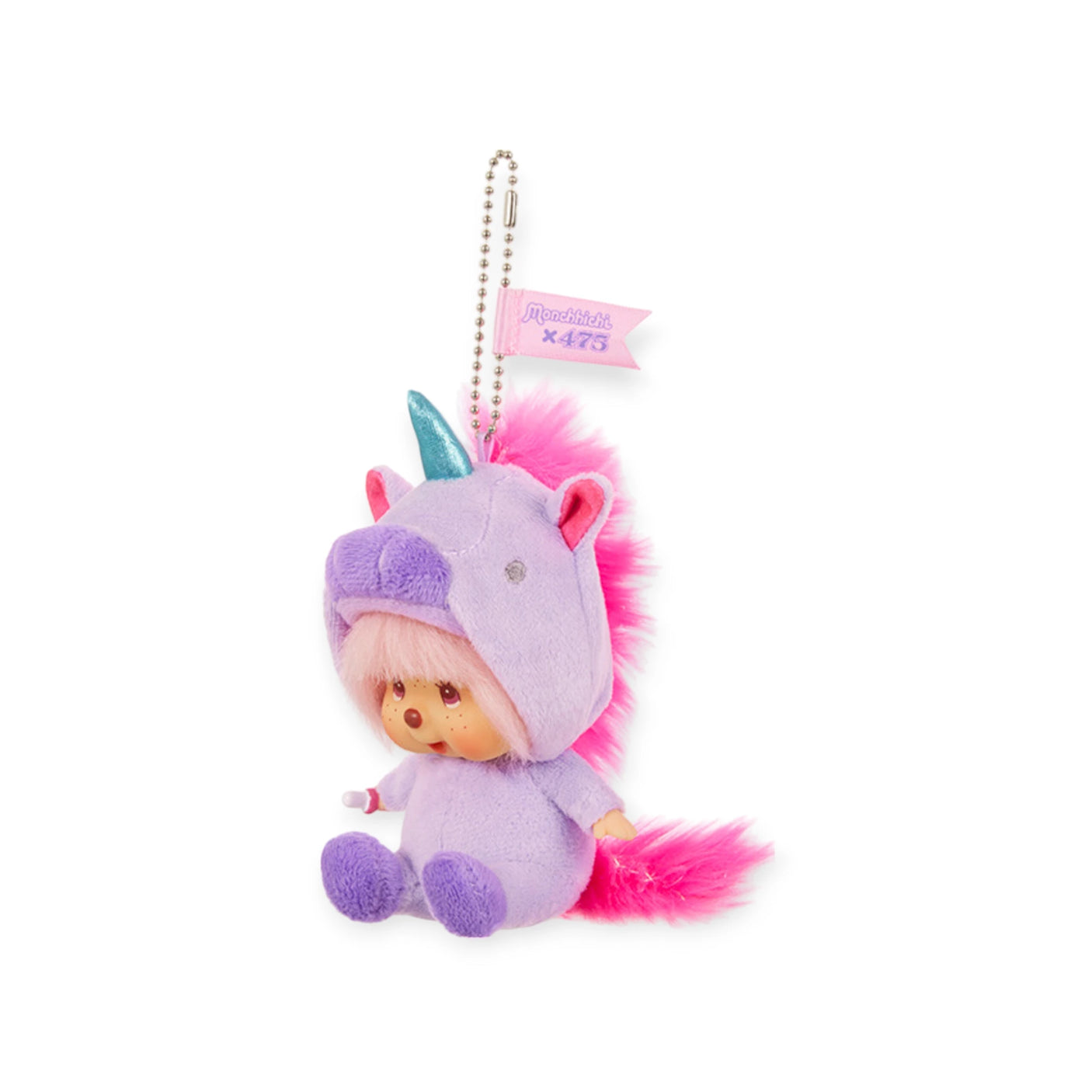 Discover the limited Monchhichi x 475 Harajuku Shinako Unicorn Keychain: a cute doll in a plush purple unicorn outfit with a pink mane, tail, pastel blue horn, and tag. This piece is created with inspiration from famous ASMR creator Shinako.