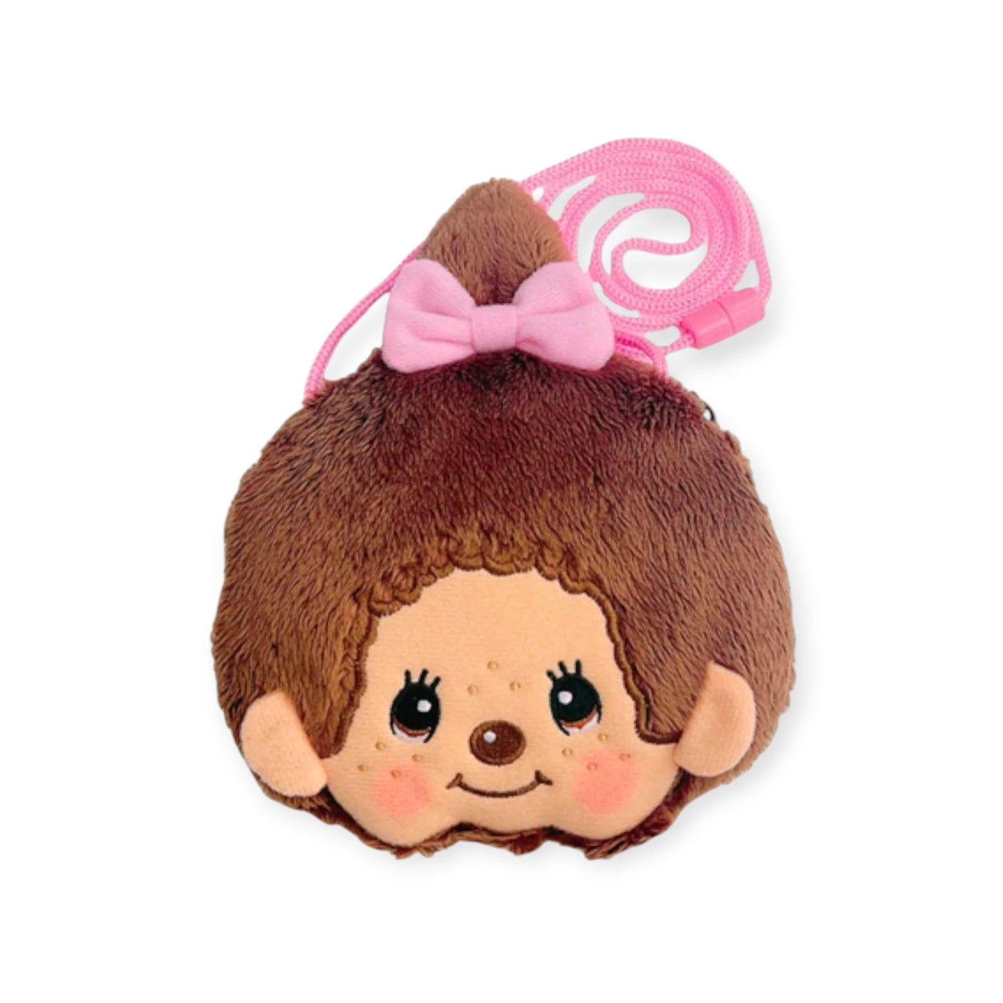 Introducing the Monchhichi Mini Bag with strap - Girl: a plush toy purse from Monchhichi, featuring a brown character with pink cheeks, big eyes, and a cute pink bow. The adjustable strap adds convenience, making it perfect for style and functionality!.