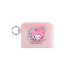 Pink semi-transparent My Melody card case with metal keyring, bunny and bow design, promo shot on white background