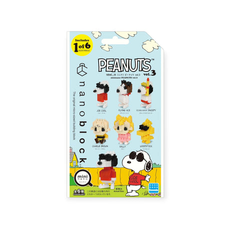 Peanuts blind bag toy brick set packaging, volume 3 with collectible character lineup