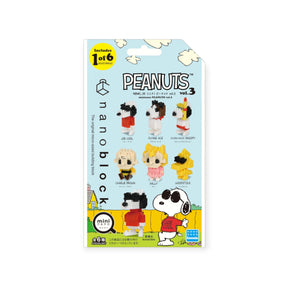 The Nanoblock Peanuts Blind Bag - Vol. 3 packaging from Nanoblock showcases characters like Joe Cool, Flying Ace, Scuba Mask Snoopy, Charlie Brown, Sally, and Woodstock. Each bag contains a surprise mini block featuring one of these six iconic figures to delight fans.