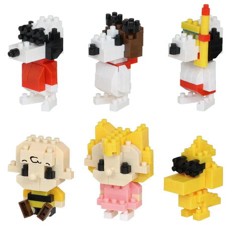 The Nanoblock Peanuts Blind Bag - Vol. 3 features pixelated figurines of six iconic characters with unique outfits, including a beagle, a child in yellow, and a child in pink, all meticulously constructed from small blocks.