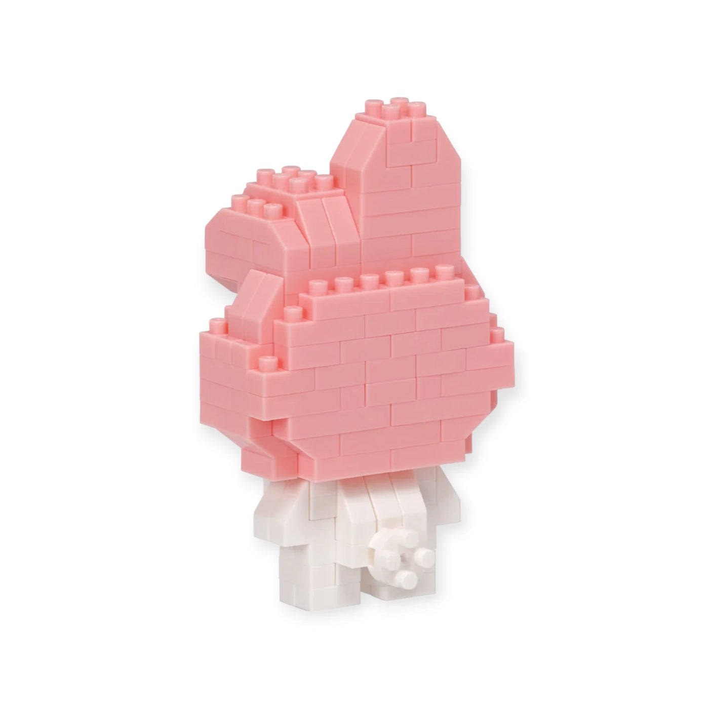 A Nanoblock Sanrio - My Melody figure from the brand Nanoblock, featuring a pink and white block-style design, stands upright on a white background.