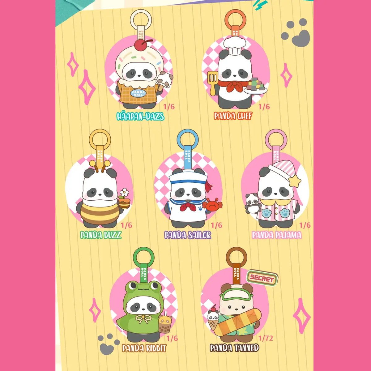 Panda plush keychain blind box display card with multiple character designs and keyrings