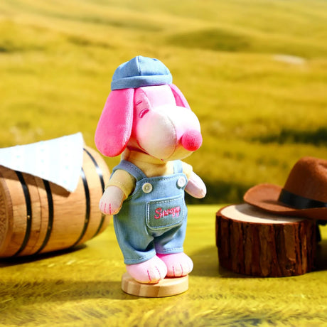 Pink-eared plush dog denim keychain with blue overalls and metal key ring