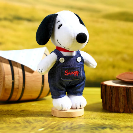 Snoopy plush keychain in dark navy denim overalls with embroidered pocket patch