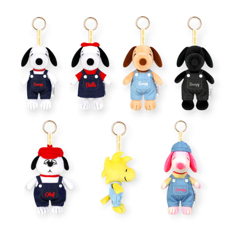 Plush denim character keychains with Snoopy and friends, assorted blind box figures