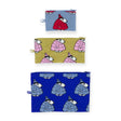 The Peanuts x Baggu Flat Pouch Set - Snoopy Puffer features three recycled nylon zippered pouches: small blue with red coat, medium olive with pink coat, and large blue with blue coat, adding playful charm to your accessories.