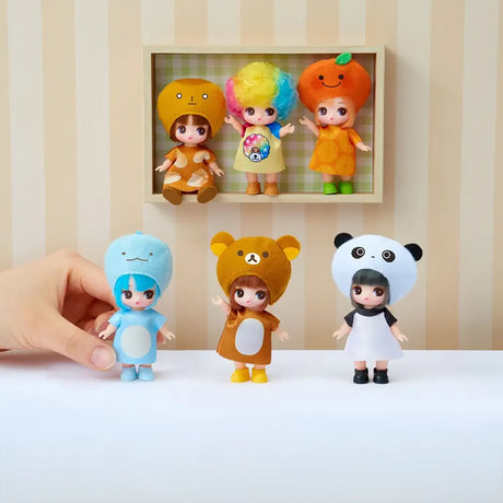Assorted small blind box character dolls, six figures standing together